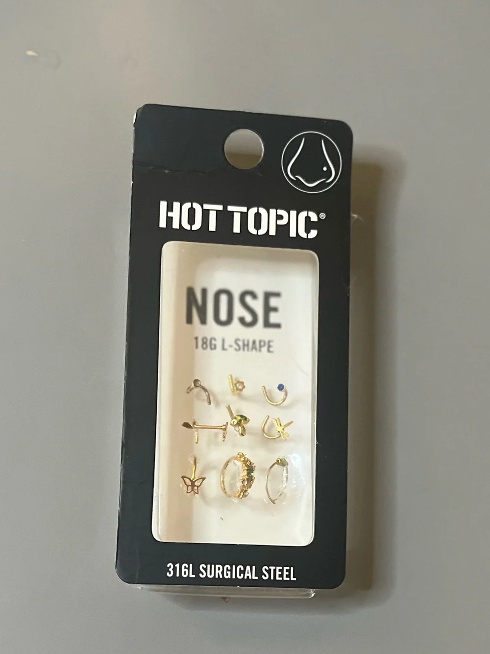 Hot Topic Nose Stud Set 9 Pack 18G L-Shape Gold Butterfly Mushroom NWT